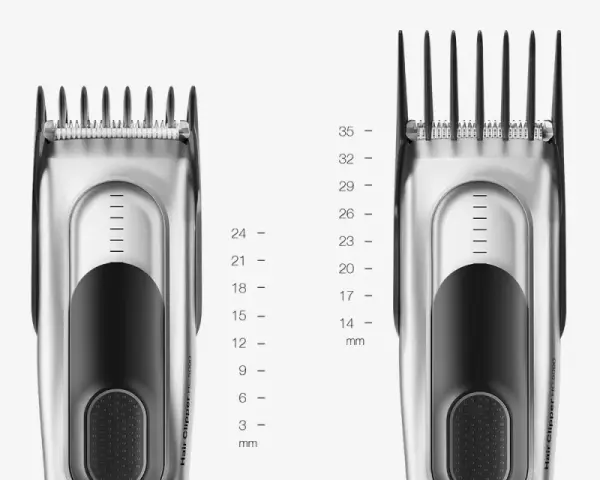 Dos cortapelos plateados, uno con peine de 3 mm y otro con peine de 35 mm, muestran la versatilidad de un clipper.