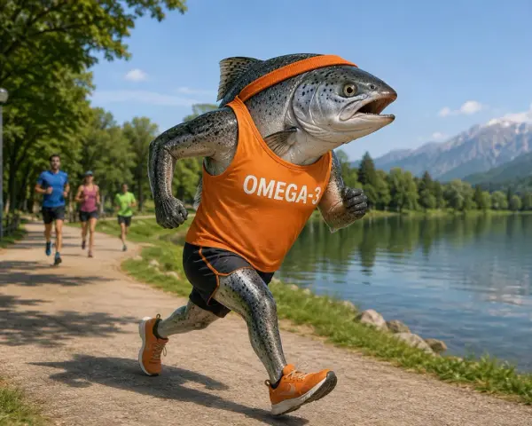 Un salmone con la scritta "Omega-3" corre su un sentiero, superando altri runner. Un esempio di come gli omega 6 e 3 supportano uno stile di vita attivo.