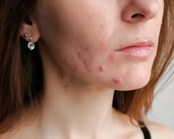 Skóra kobiety po 30. z widocznym trądzikiem hormonalnym na policzku i brodzie. Widoczne zaczerwienienia i wypryski.