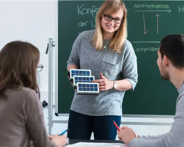 Lehrerin erklärt Schülern, wie man Berufsschullehrer wird, mit Solarzellen-Modell.