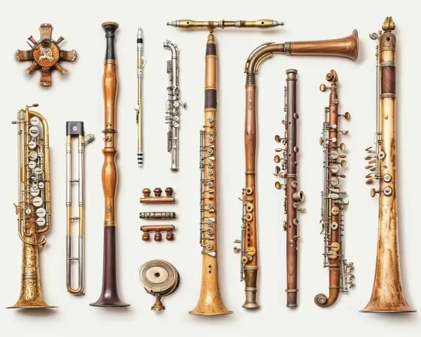 Kolekcja drewnianych instrumentów muzycznych, w tym klarnet, flet i saksofon, prezentuje różnorodne nazwy i formy.