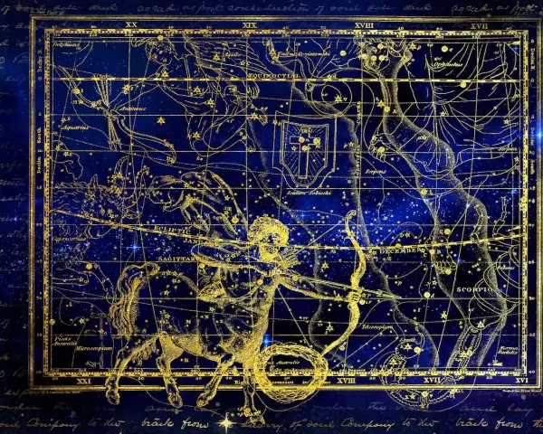 Mapa estelar dorado sobre fondo azul. Representa constelaciones y la eclíptica, clave para entender qué es el ascendente en la carta astral.