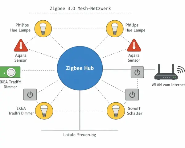 Zigbee 3.0 Mesh-Netzwerk mit Hub, Lampen, Sensoren, Dimmern und Schaltern. Ein WLAN-Router verbindet das System mit dem Internet. Was ist Thread? Ein ähnliches Protokoll für Smart Homes.