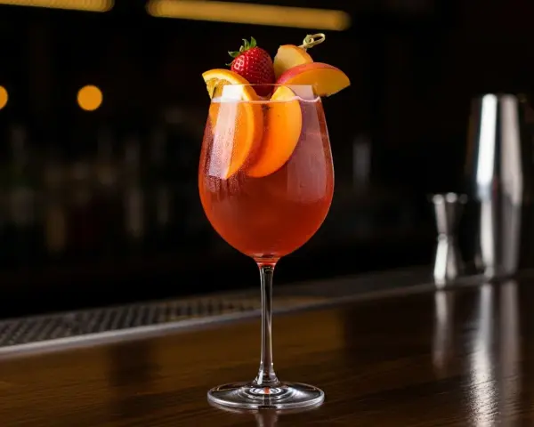 Ett glas med röd cava sangria, garnerat med apelsinskivor, jordgubbe och persika.