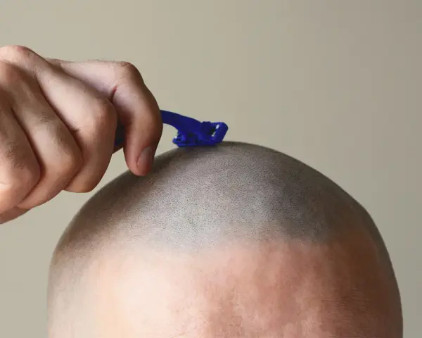 Mano con maquinilla azul afeitándose la cabeza, dejando la piel suave y sin vello.