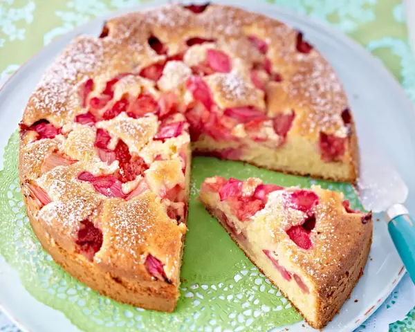 Ein saftiger Erdbeer Rhabarber Kuchen, bestäubt mit Puderzucker, wartet auf seinen Anschnitt. Ein Stück ist bereits auf einem grünen Tupfer platziert.