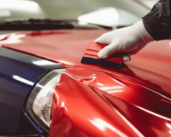 A gloved hand uses a squeegee to apply a shiny red diy car wrap over a blue car fender.
