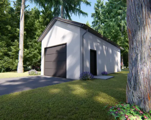 Nowoczesny projekt garażu 35m2 bez pozwolenia, otoczony zielenią. Idealne rozwiązanie dla Twojej posesji.