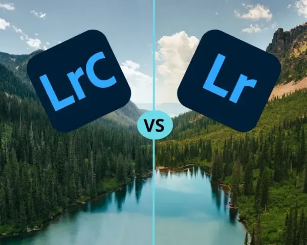 Comparaison visuelle entre Lightroom Classic (LRC) et Lightroom (LR) sur un paysage de montagne et de lac.
