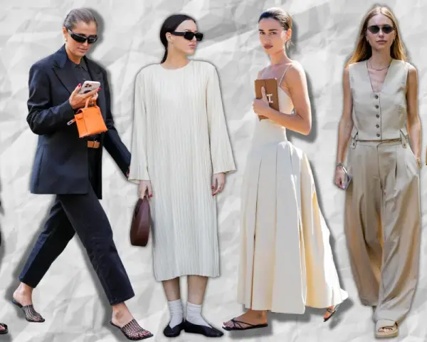 Seis mujeres lucen elegantes outfits para el primer día de trabajo: trajes sastre, vestidos y pantalones anchos en tonos neutros.