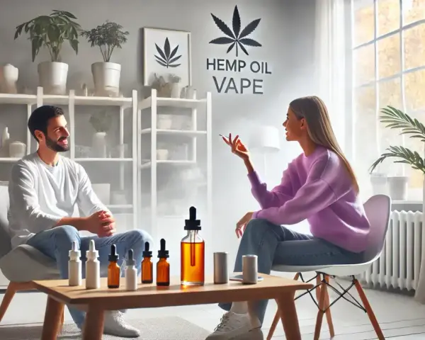 Pareja conversando sobre vap que es, con aceites de cáñamo y un vapeador en la mesa.