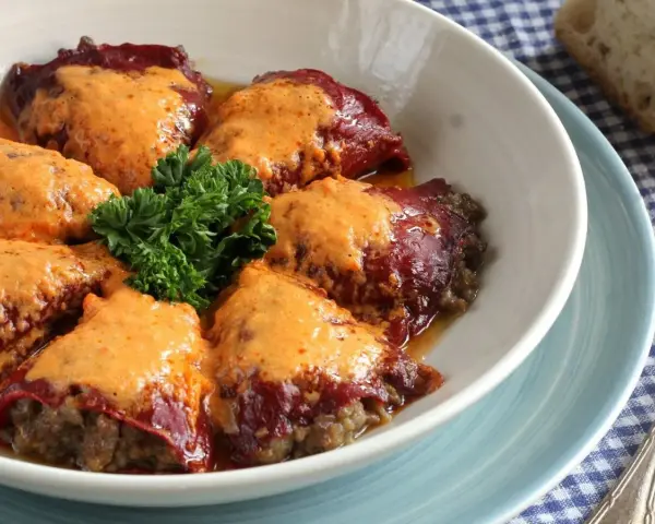 Pimientos rellenos de carne, cubiertos con una cremosa salsa y adornados con perejil fresco. Un plato casero listo para disfrutar.