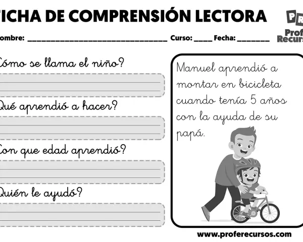Ficha de comprensión lectora con preguntas sobre Manuel aprendiendo a montar en bicicleta con su papá.