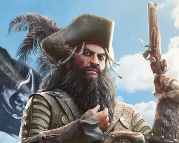 Piracki kapitan z pistoletem i czarną flagą z czaszką, jak z remake'u Black Flag.
