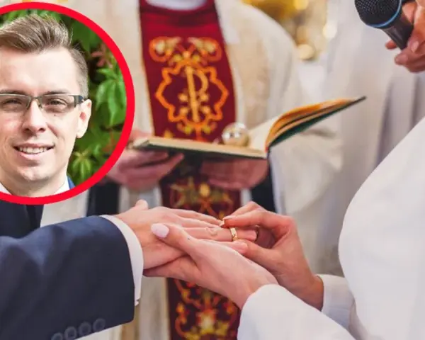 Mężczyzna w okularach w okręgu, obok ceremonii ślubnej. Rozważanie konsekwencji unieważnienia małżeństwa kościelnego.