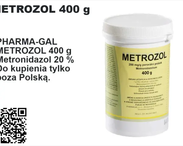 Opakowanie leku METROZOL 400 g z metronidazolem 20%. Informacja o cenie i dostępności poza Polską.