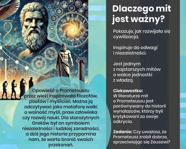 Mit o Prometeuszu ciąg dalszy: historia inspirująca do odwagi, walki o wolność myśli i rozwoju nauki.