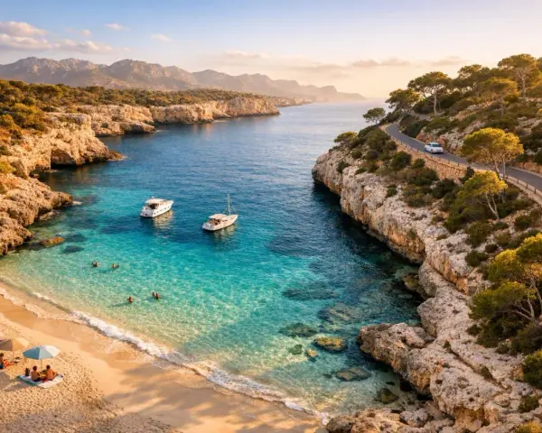 Malownicza zatoka na największej wyspie balearów. Turkusowa woda, piaszczysta plaża, łodzie i kręta droga wzdłuż klifu.