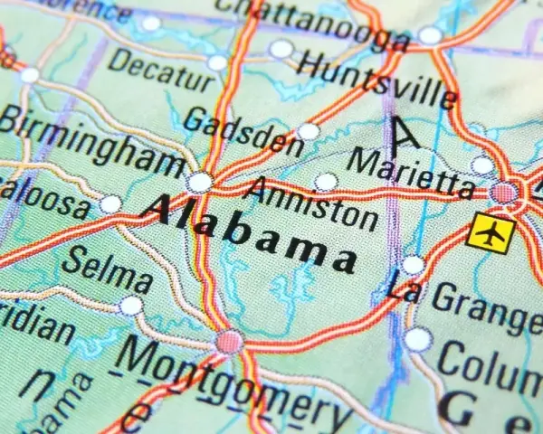 Map of Alabama showing cities like Birmingham and Montgomery. Planning a drone flight? Check Alabama drone laws before takeoff.