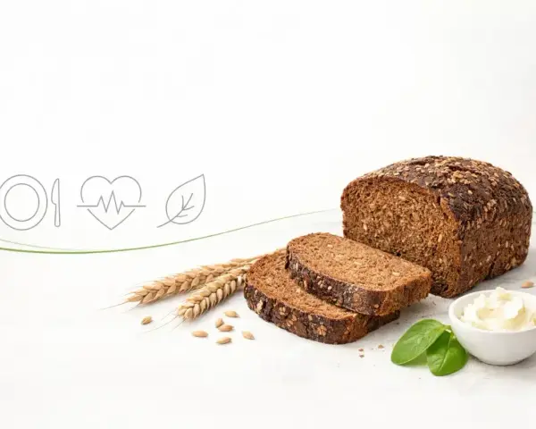 Chleb razowy z ziarnami, obok kłosów i masła. Zastanawiasz się, ile kcal ma chleb razowy? To zdrowy wybór!