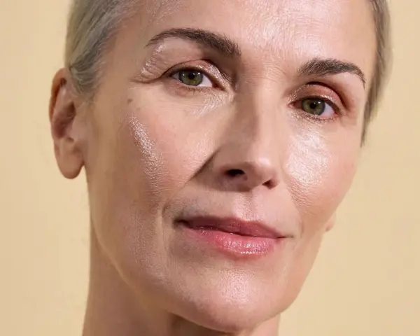 Visage d'une femme aux cheveux gris, peau lumineuse et hydratée, suggérant l'efficacité des peptides pour une peau éclatante.