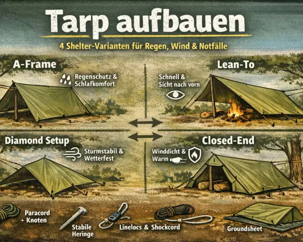 Tarp aufbauvarianten: A-Frame, Lean-To, Diamond Setup, Closed-End. Zeigt vier verschiedene Schutzunterkünfte für Outdoor-Abenteuer.