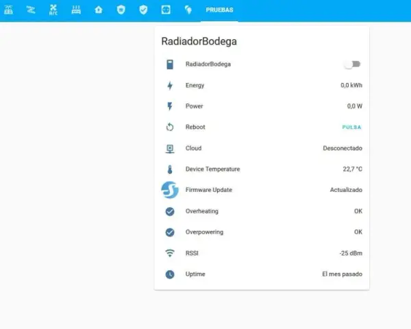 Interfaz de Home Assistant para configurar enchufe inteligente. Muestra estado, energía, temperatura y reinicio del dispositivo "RadiadorBodega".