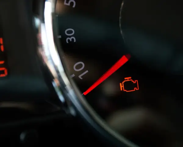 Kontrolka silnika świeci się, wskazując błąd DTC P0171 w Peugeot.