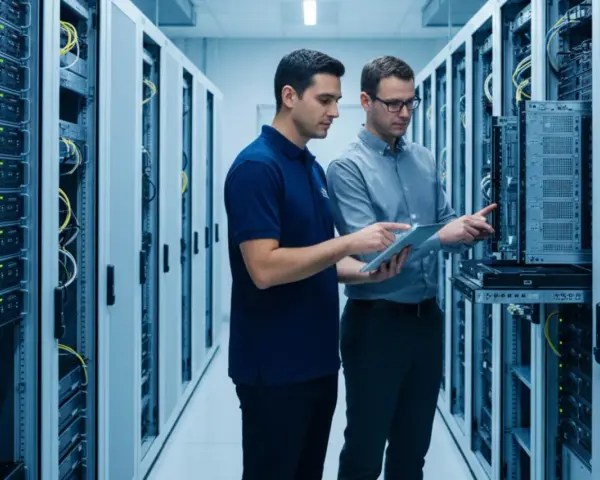 Two IT professionals review network infrastructure technologies on a tablet amidst rows of servers in a data center.