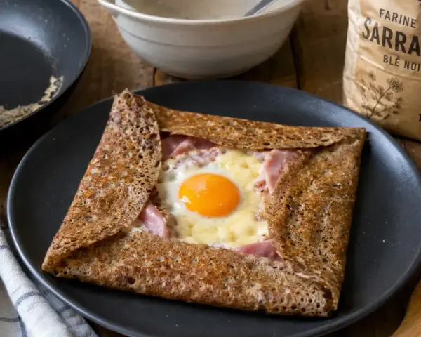 Une galette de sarrasin de grand-mère marmiton, garnie de jambon, fromage et œuf au plat. Un délice simple et réconfortant.