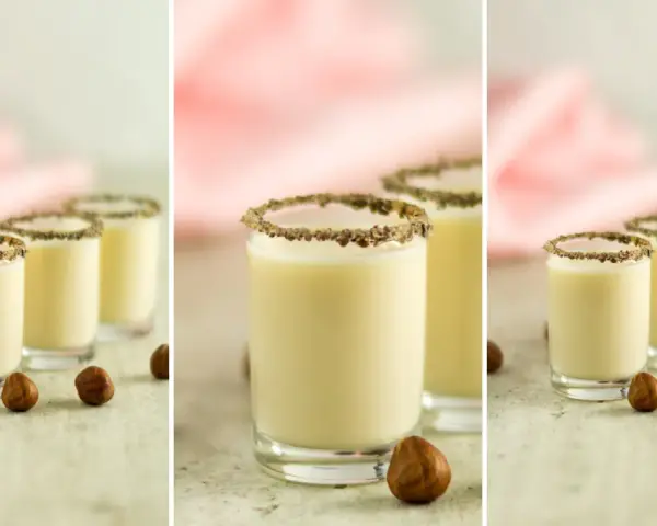 Kremowy likier Monte drink przepis w kieliszkach z orzechami laskowymi i czekoladową posypką.