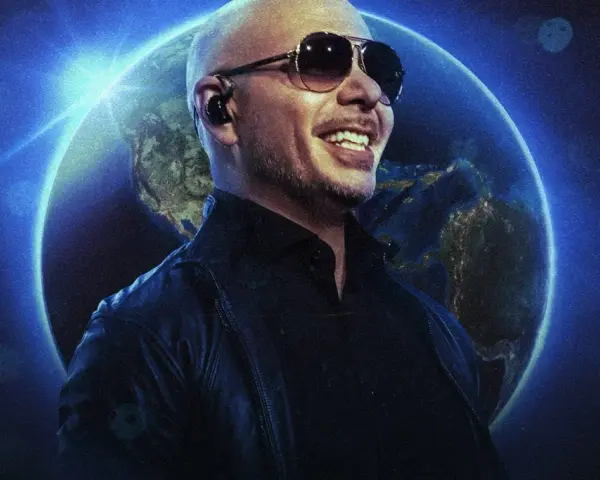 Pitbull w okularach przeciwsłonecznych uśmiecha się na tle Ziemi. To zapowiedź jego światowego koncertu.