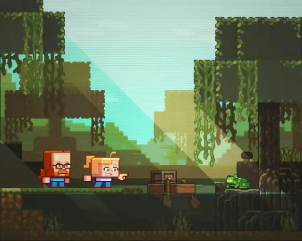 Dos personajes de Minecraft exploran un manglar, con un cofre flotando y una rana cerca.