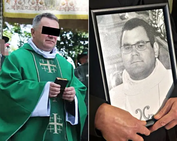 Wikary w zielonej szacie trzyma książkę, obok zdjęcie innego księdza.