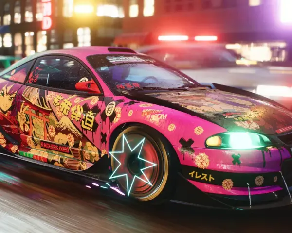 Różowy sportowy samochód z anime grafiką i neonowymi felgami, gotowy na nocne wyścigi, kiedy nowy Need for Speed.