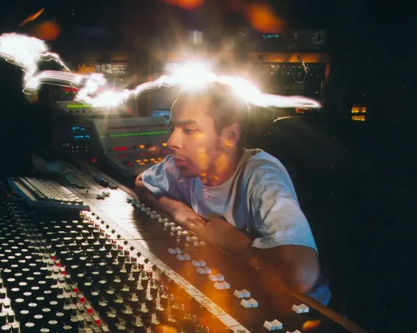 Un disc jockey célèbre, concentré, manipule une console de mixage dans un studio d'enregistrement, baigné de lumières vives.