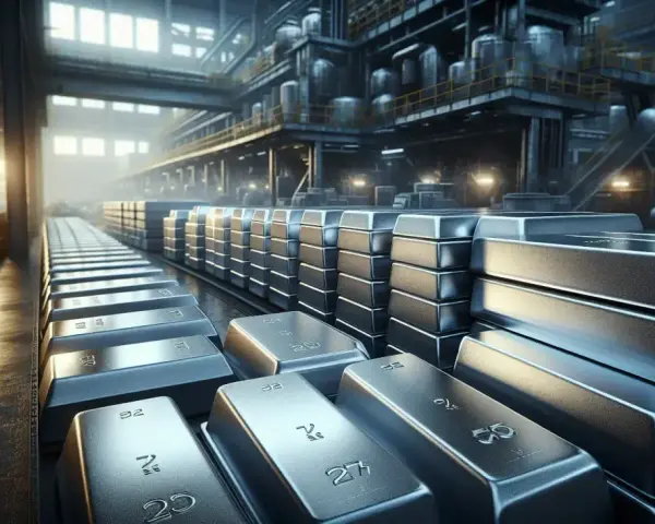 Lingotti lucidi, esempi di leghe metalliche, impilati in una fonderia industriale illuminata dalla luce del sole.