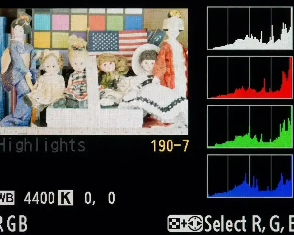 Histogram co to? Wykresy RGB pokazują rozkład jasności na zdjęciu z lalkami i flagą USA.