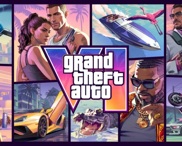 El arte promocional de GTA 6 PC muestra un helicóptero, una pareja, un coche deportivo, un cocodrilo, un hombre con un rifle, un hombre con cadenas y una moto haciendo un caballito.