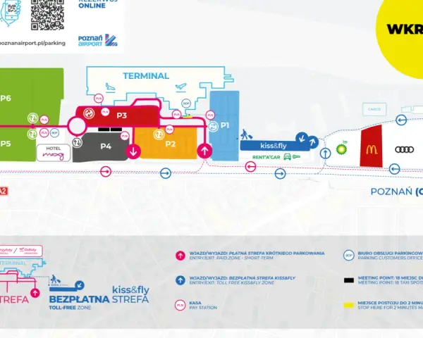 Mapa portu lotniczego Poznań-Ławica im. Henryka Wieniawskiego z parkingami P1-P6, terminalem, strefami płatną i bezpłatną kiss&fly.