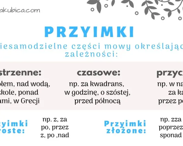Grafika wyjaśnia, czym jest **przyimek**. Pokazuje przykłady przyimków przestrzennych, czasowych i przyczynowych, a także proste i złożone.