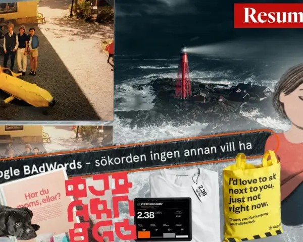 En person sitter uttråkad på jobbet, omgiven av bilder på en bananbil, ett fyrhus i storm, en hund och en text om att hålla avstånd.