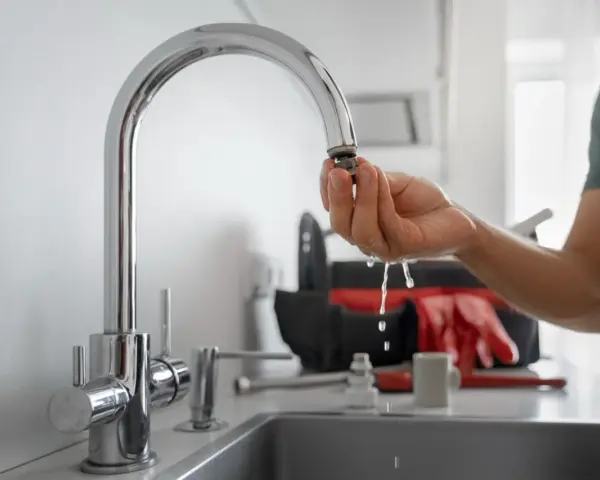 Dłoń trzymająca wyczyszczony aerator kranu, z którego kapie woda.