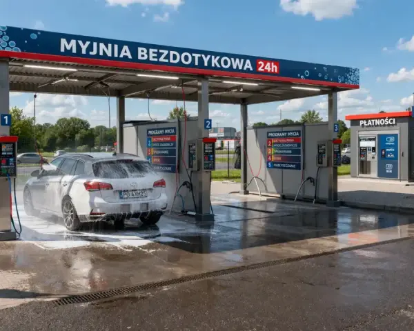 Nowoczesna myjnia bezdotykowa 24h, gdzie auto jest myte pianą. Zastanawiasz się, ile kosztuje postawienie myjni samochodowej? To miejsce daje odpowiedź.