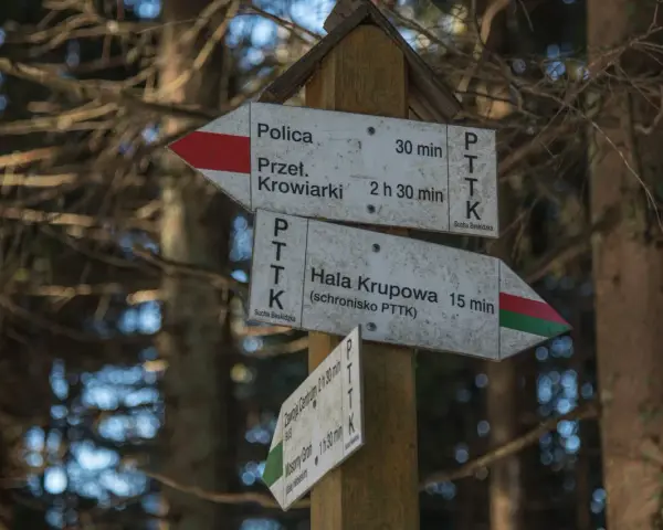 Znaki szlaków PTTK wskazują drogę do Hali Krupowej (15 min) i Przełęczy Krowiarki (2h 30 min).