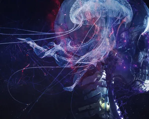 Une méduse lumineuse et des filaments bleus s'entremêlent autour d'un crâne translucide, évoquant le "blut aus nord" dans un univers cosmique.