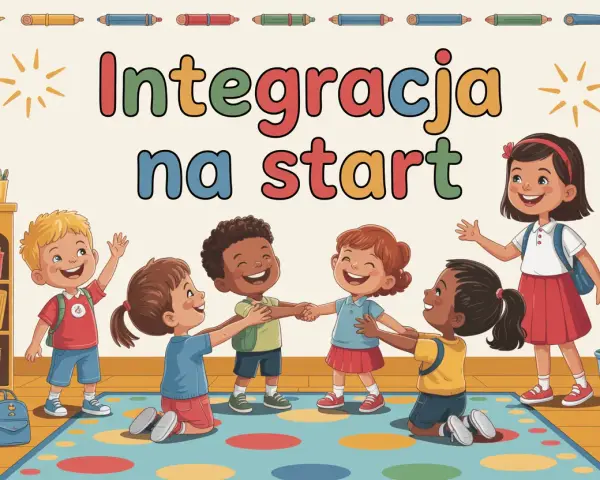 Radosne dzieci klas 1-3 bawią się w kółeczku, tworząc wspaniałe zabawy integracyjne na start.
