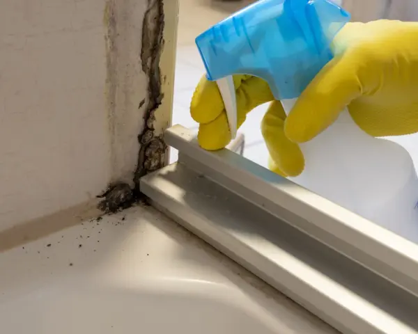 Yellow-gloved hand sprays cleaning solution onto black mold in a bathroom corner.