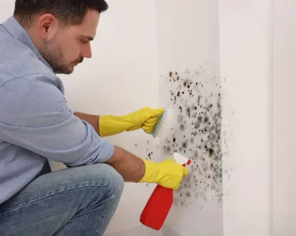 Un homme en gants jaunes utilise un spray et une brosse pour nettoyer la moisissure sur un mur. Il utilise du bicarbonate pour nettoyer le mur.