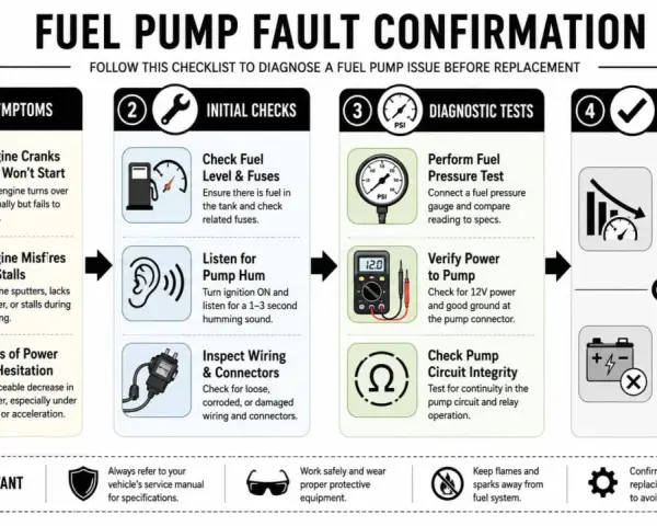 Checklist zur Diagnose eines Kraftstoffpumpenproblems. Prüfe Symptome, Kraftstoffstand, Sicherungen, Geräusche, Verkabelung, Druck und Strom, bevor du die Kraftstoffpumpe wechseln lässt.